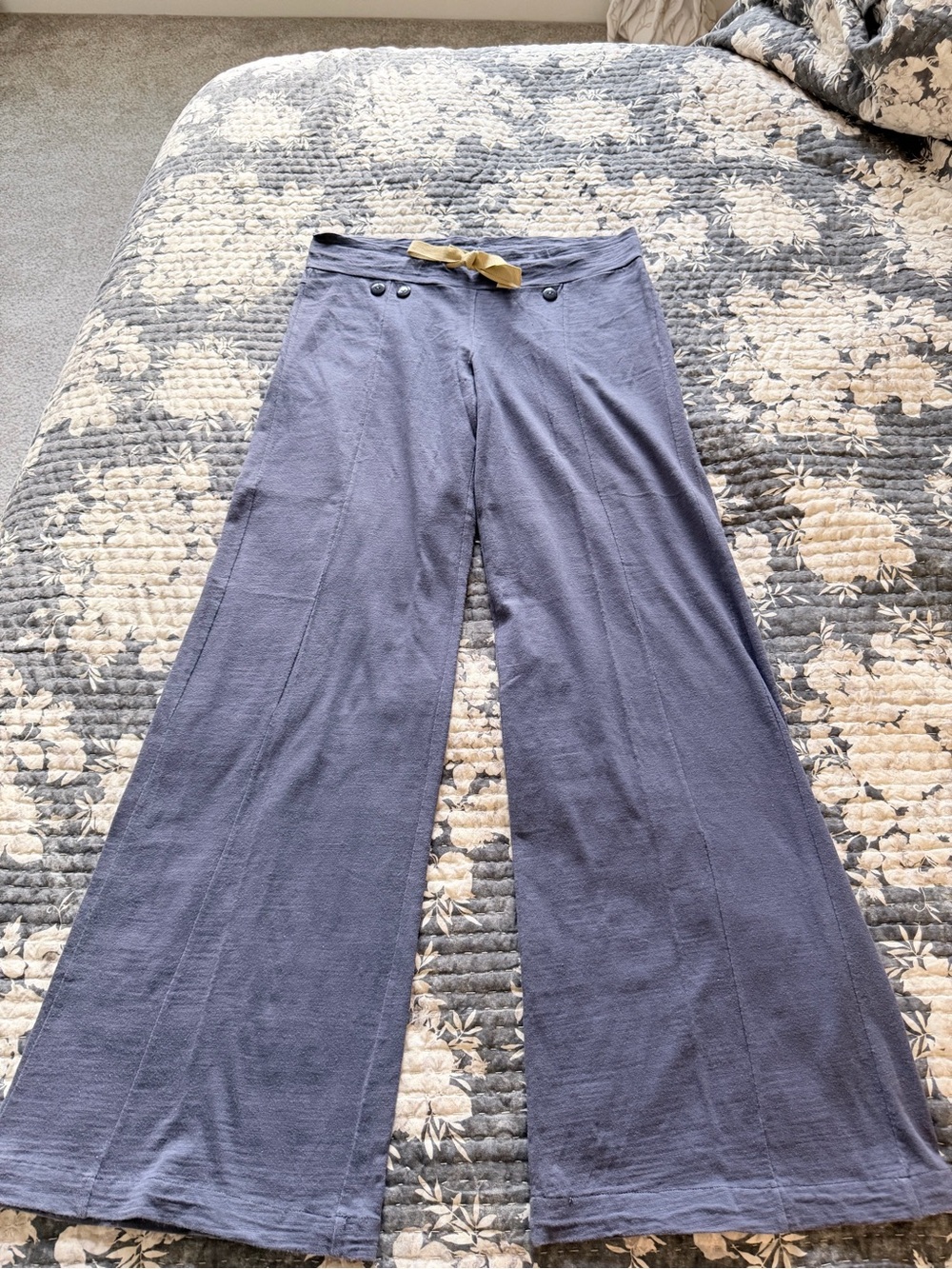 Wide Leg Knit Pants with Contrast Tie - Slate Blue